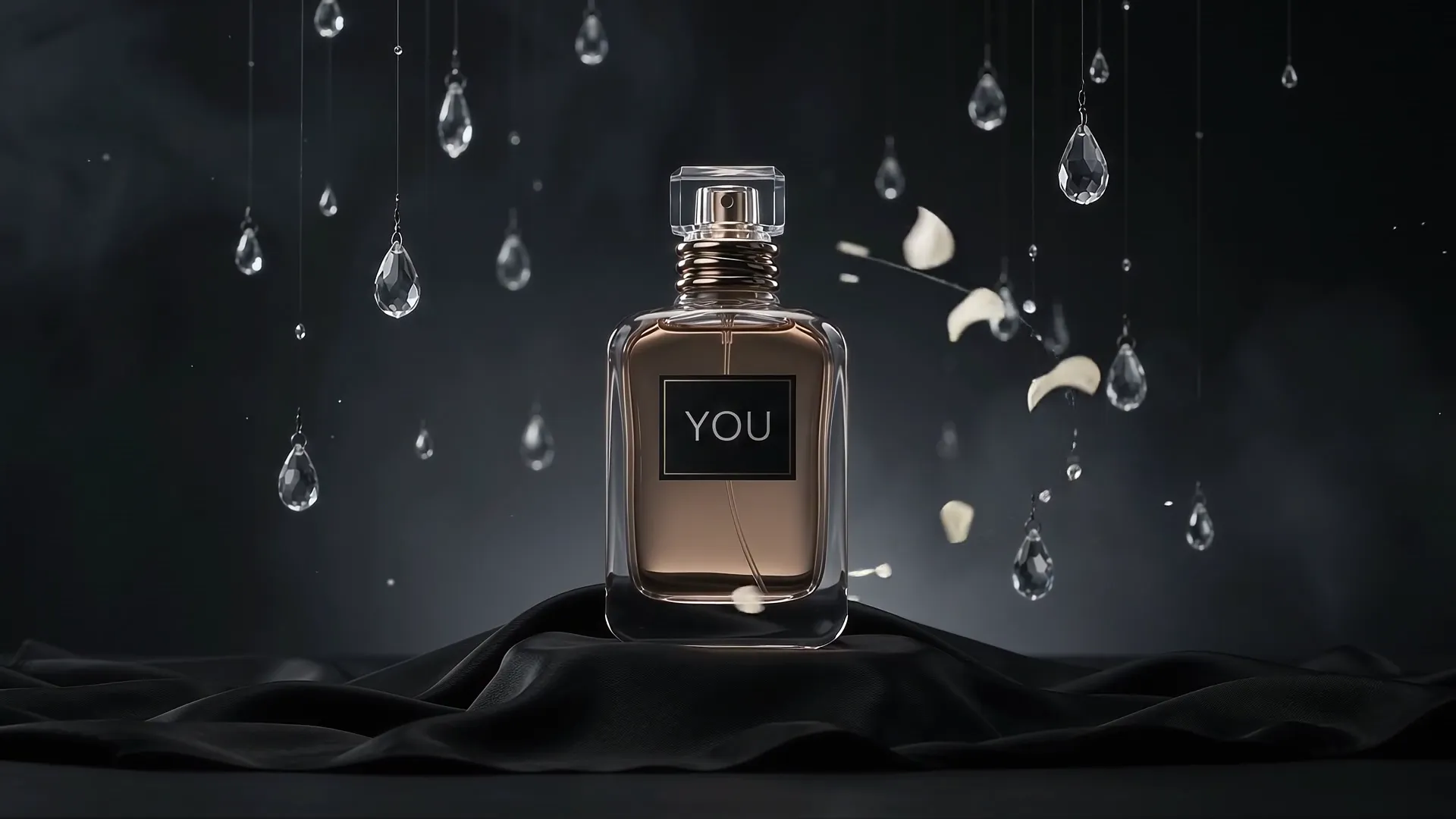 YOU Eau de Parfum bottle on black silk beneath suspended glass drops