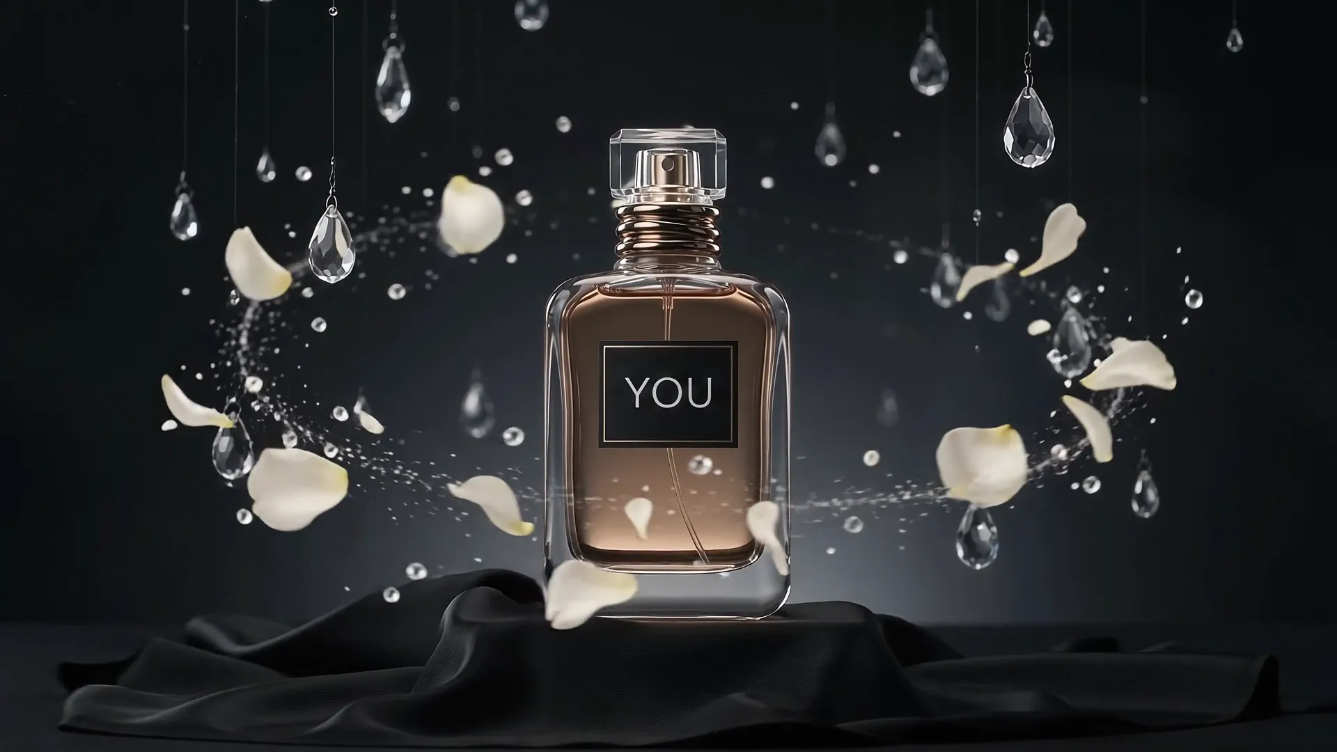 YOU perfume bottle framed by petals and droplets